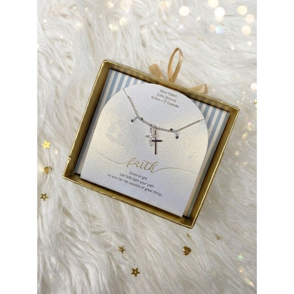 NWT Silver Plated Cubic Zirconia Faith Double Cross Pendant Necklace Gift Box